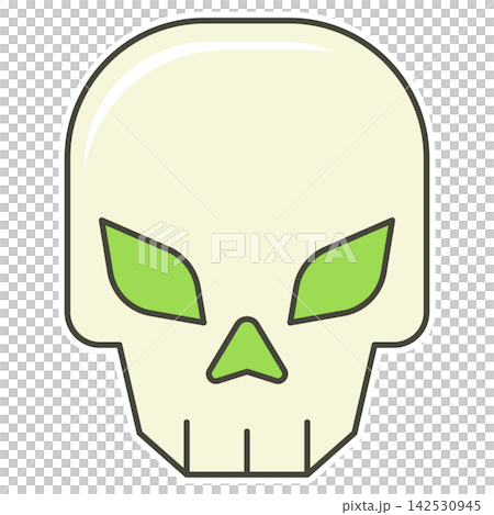 Flat style sticker illustration of a skull with glowing green eyes isolated on transparent background. Spooky halloween skeleton head clip art graphic icon design element for holiday asset. 142530945