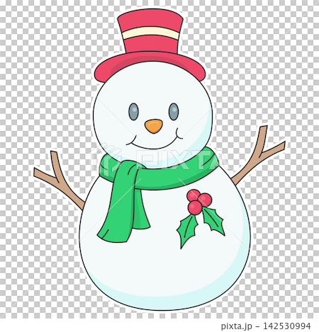 Flat style sticker illustration of a smiling snowman with santa hat isolated on transparent background. Winter seasonal holiday character clip art graphic icon design element for xmas asset. Flat style sticker illustration of a smiling snowman with santa hat isolated on transparent background. Winter seasonal holiday character clip art graphic icon design element for xmas asset. 142530994