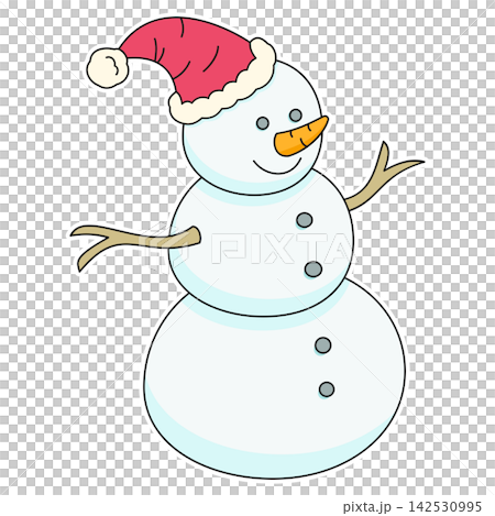 Flat style sticker illustration of a cute snowman wearing a red santa hat isolated on transparent background. Winter holiday snow character clip art graphic icon design element for xmas asset. Flat style sticker illustration of a cute snowman wearing a red santa hat isolated on transparent background. Winter holiday snow character clip art graphic icon design element for xmas asset. 142530995