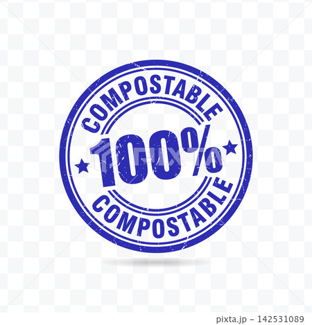 Compostable blue rubber stamp, 100 percent organic seal with distressed texture for eco packaging Compostable blue rubber stamp, 100 percent organic seal with distressed texture for eco packaging 142531089
