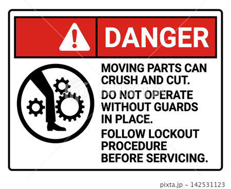 Danger moving parts warning sign vector with hazard symbol and text for industrial facility safety Danger moving parts warning sign vector with hazard symbol and text for industrial facility safety 142531123