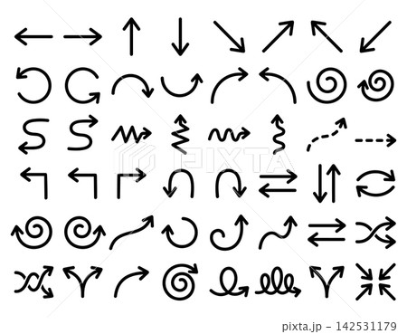 Hand drawn arrows vector set featuring sketchy doodle pointers and curly direction symbols for web design 142531179