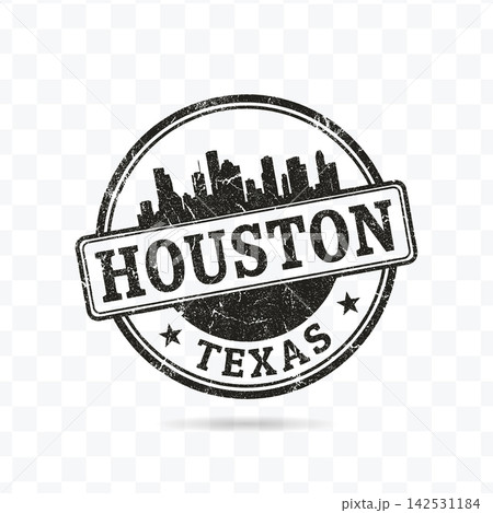 Houston Texas grunge rubber stamp vector graphic featuring city skyline silhouette and stars inside a circle 142531184