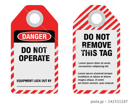 Industrial safety lockout tags, red and white striped vector illustration featuring danger warning labels for maintenance Industrial safety lockout tags, red and white striped vector illustration featuring danger warning labels for maintenance 142531187