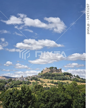 The medieval Chateau de Severac sits atop a rocky hill overlooking the village in Aveyron, France. Rolling green fields and lush trees frame the historic fortress under a vibrant blue sky 142531287