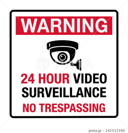 Warning surveillance sign vector illustration featuring a security camera icon for property safety signage Warning surveillance sign vector illustration featuring a security camera icon for property safety signage 142531340