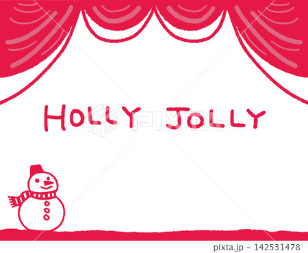 HOLLY JOLLYの文字とマフラーを巻いた雪だるまのクリスマスイラスト 142531478