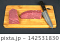 Fresh raw beef tenderloin slices arranged with professional chef knife on wooden cutting board, kitchen preparation flat lay 142531830