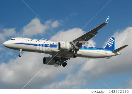 ANAのエアバスA321neo、青空を進む着陸態勢 142532156