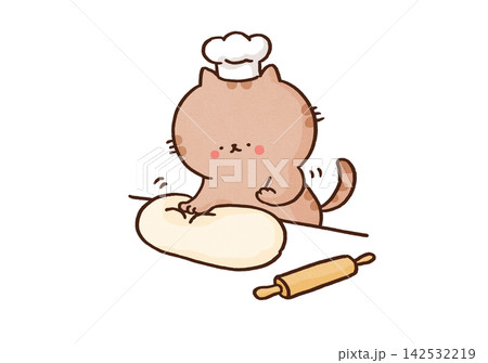 前足でパン生地をふみふみしてこねるパン職人の猫 142532219