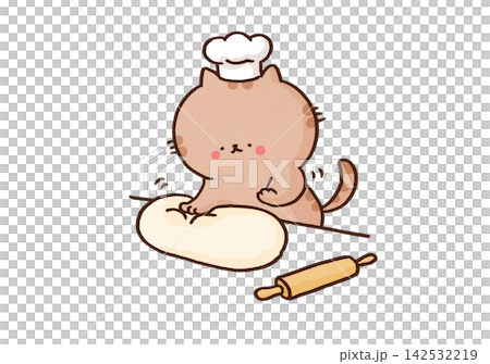 前足でパン生地をふみふみしてこねるパン職人の猫 142532219