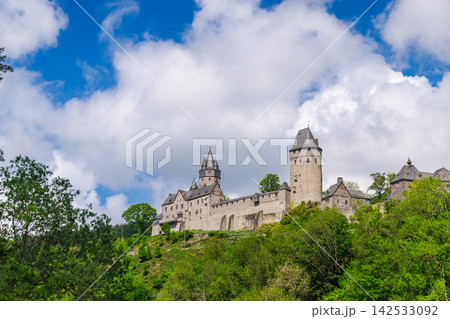 Stone Castle Towers Above Wooded Hillside and Clouds Stone Castle Towers Above Wooded Hillside and Clouds 142533092
