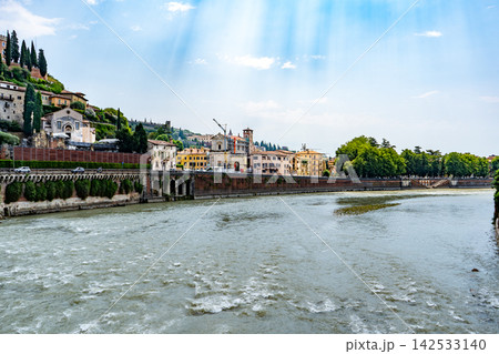Castel San Pietro and the Adige River with Historic Architecture in Verona, Italy 142533140
