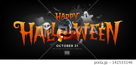 Happy Halloween text message orange design, Pumpkin, Scary skull ghost banner Happy Halloween text message orange design, Pumpkin, Scary skull ghost banner 142533146