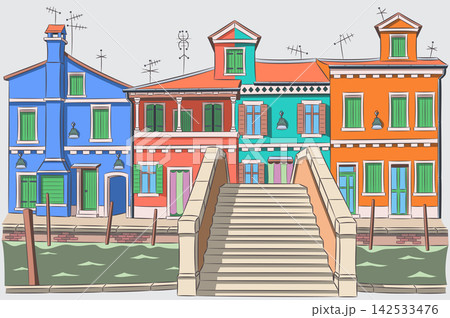 Colorful Vector Illustration of Burano Houses and Bridge in Venice, Italy Colorful Vector Illustration of Burano Houses and Bridge in Venice, Italy 142533476
