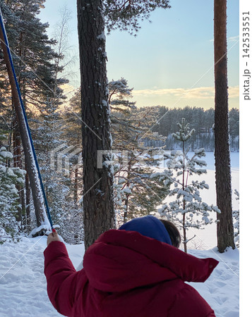 Winter Swing in Snowy Pine Forest Winter Swing in Snowy Pine Forest 142533551