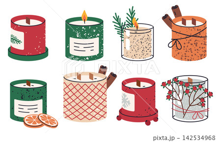 Christmas candle collection. Decorative colorful candles with holy plants and berries flat vector illustration set. Festive home decor and lighting elements Christmas candle collection. Decorative colorful candles with holy plants and berries flat vector illustration set. Festive home decor and lighting elements 142534968