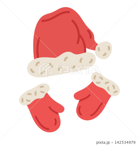Santa hat and mittens. Red Christmas hat and matching mittens with soft white trim flat vector illustration. Cozy winter accessories for holiday design 142534979