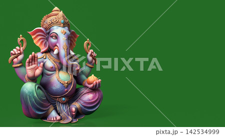 Colorful Ganesha Statue on Green Background with Copy Space 3d render. Colorful Ganesha Statue on Green Background with Copy Space 3d render. 142534999
