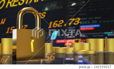 Golden Padlock Protecting Financial Investments 3d render. Golden Padlock Protecting Financial Investments 3d render. 142535017