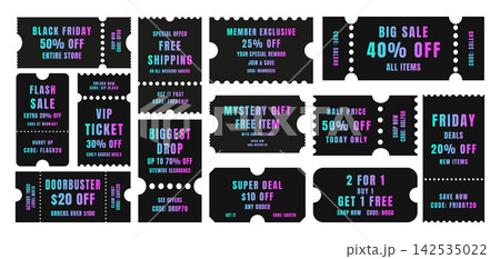 Black Friday sale promo vouchers set with neon gradient typography 142535022