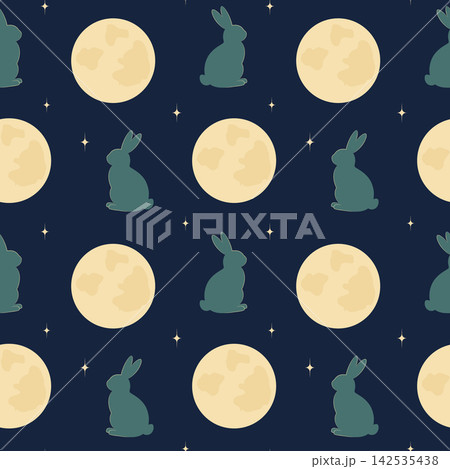Mid Autumn Festival Seamless Pattern with Jade Rabbit full moon on night sky Minimal Flat Background. Isolated Vector illustration Thematic media post backdrop Packaging, wrapping or wallpaper, print 142535438