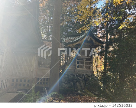 青森県の十和田湖畔の神社、十和田神社の木漏れ日や光の筋が差し込む拝殿と熊野神社です。 142536032