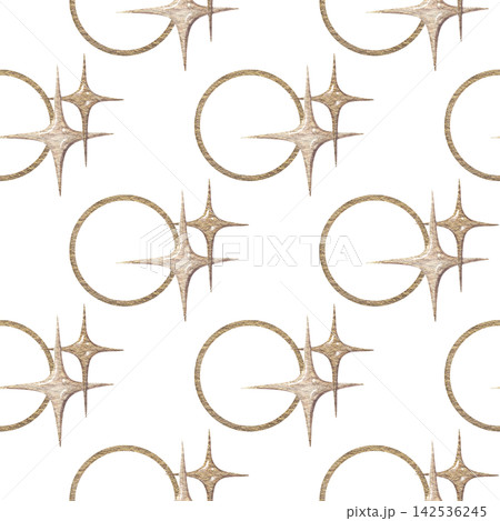 Golden moon and four pointed star minimalist seamless pattern. Hand drawn watercolor sparkle with circle. Vintage graphic for astrology design. Simple repeat for celestial fabric or wallpaper. Golden moon and four pointed star minimalist seamless pattern. Hand drawn watercolor sparkle with circle. Vintage graphic for astrology design. Simple repeat for celestial fabric or wallpaper. 142536245