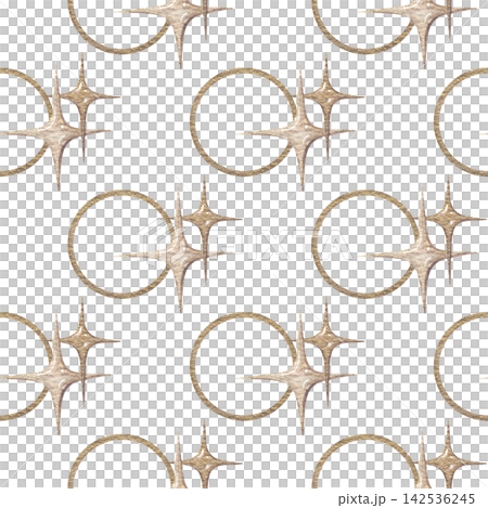 Golden moon and four pointed star minimalist seamless pattern. Hand drawn watercolor sparkle with circle. Vintage graphic for astrology design. Simple repeat for celestial fabric or wallpaper. 142536245