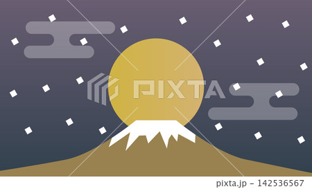 夜の富士山と満月、紙吹雪が舞う和風の新年・正月背景イラスト 142536567
