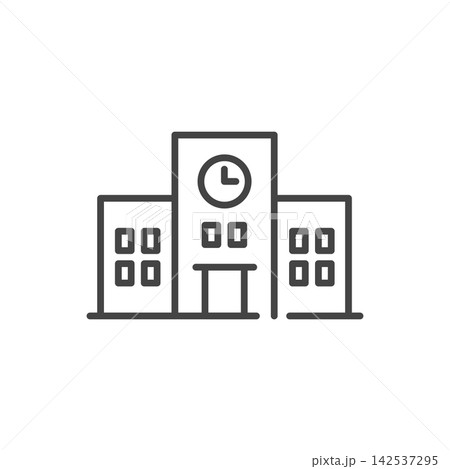 学校や教育施設を表す校舎と時計のベクターアイコン(線画・モノクロ) 学校や教育施設を表す校舎と時計のベクターアイコン(線画・モノクロ) 142537295