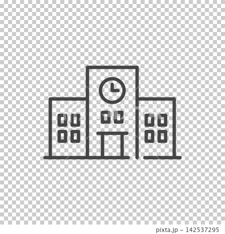 学校や教育施設を表す校舎と時計のベクターアイコン(線画・モノクロ) 学校や教育施設を表す校舎と時計のベクターアイコン(線画・モノクロ) 142537295