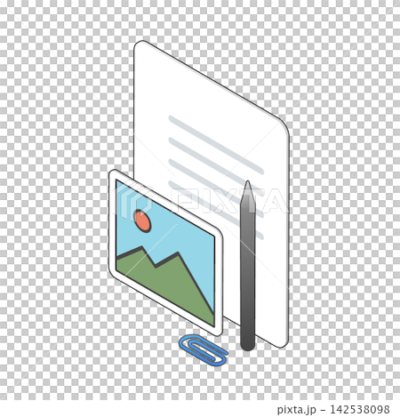 Isometric illustration of a document combining text, photographs, a pen, and a clip. 142538098