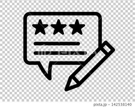 A highly visible black pictogram for review entry, combining star ratings, speech bubbles, and a pencil. A highly visible black pictogram for review entry, combining star ratings, speech bubbles, and a pencil. 142538140