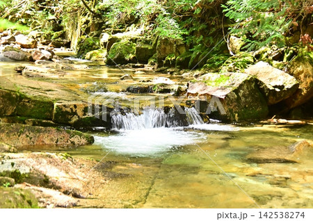 渓谷の岩場から流れ落ちる白い流れ 渓谷の岩場から流れ落ちる白い流れ 142538274