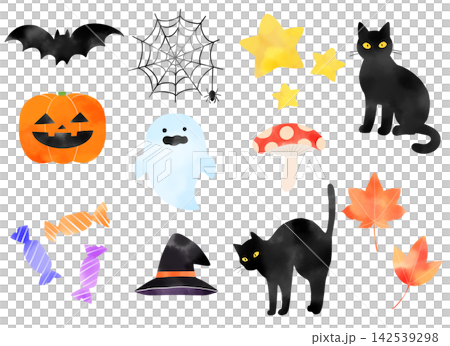 水彩風の温かみあるハロウィンモチーフ手描きイラストセット 水彩風の温かみあるハロウィンモチーフ手描きイラストセット 142539298