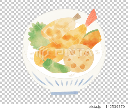 Cute and whimsical illustration of tempura rice bowl (watercolor style) Cute and whimsical illustration of tempura rice bowl (watercolor style) 142539370