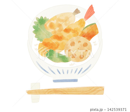 ゆるかわな天丼と箸のイラスト 水彩風 ゆるかわな天丼と箸のイラスト 水彩風 142539371
