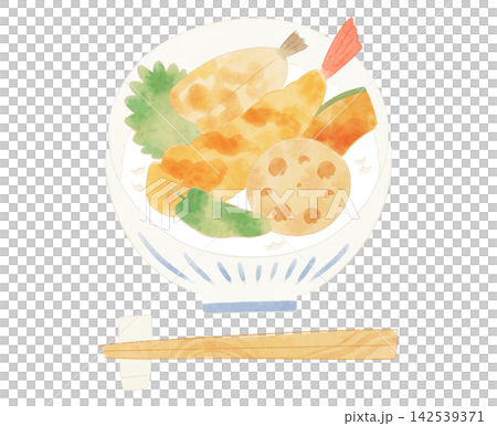 ゆるかわな天丼と箸のイラスト 水彩風 ゆるかわな天丼と箸のイラスト 水彩風 142539371