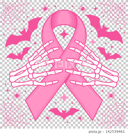 Halloween Breast Cancer Awareness Pink Ribbon with Skeleton Hands Illustration Halloween Breast Cancer Awareness Pink Ribbon with Skeleton Hands Illustration 142539461