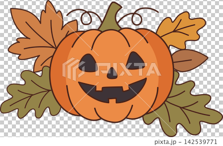 Cute Halloween pumpkin clipart with carved jack o lantern face and autumn leaves, isolated decorative element for seasonal crafts, invitations, stickers and printable designs Cute Halloween pumpkin clipart with carved jack o lantern face and autumn leaves, isolated decorative element for seasonal crafts, invitations, stickers and printable designs 142539771