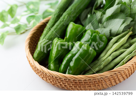 家庭菜園で収穫した夏野菜 142539799