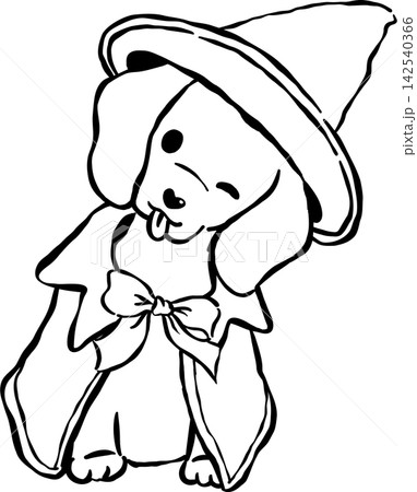 Cute Halloween Dog outline Dachshund in Witch Hat and Cape Cartoon Hand Drawn 142540366