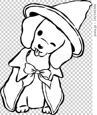 Cute Halloween Dog outline Dachshund in Witch Hat and Cape Cartoon Hand Drawn 142540366