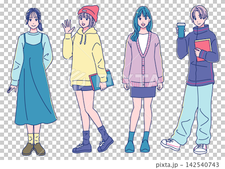 Four cute female students in an anime style Four cute female students in an anime style 142540743