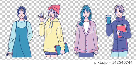 Four cute female students in an anime style Four cute female students in an anime style 142540744