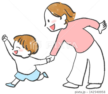 母親の手を引いて駆け出す男の子 142540958