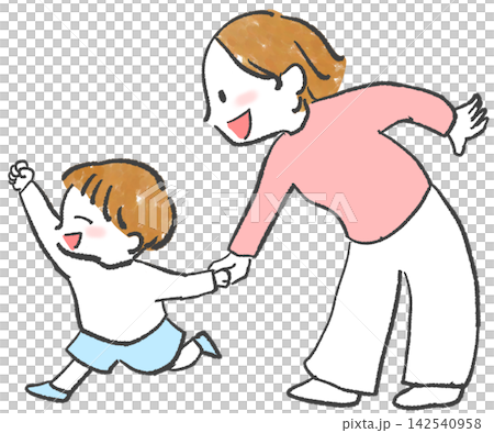 母親の手を引いて駆け出す男の子 142540958