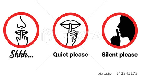 Three red circular signs with silence gestures and text isolated on white background 142541173