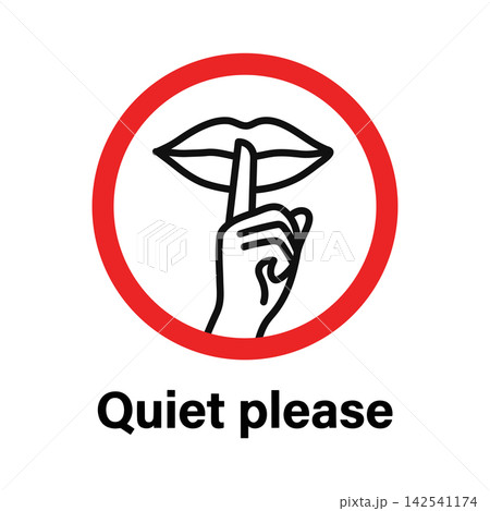 A circular red sign with black vector icon of lips and finger asking for silence and text quiet please 142541174